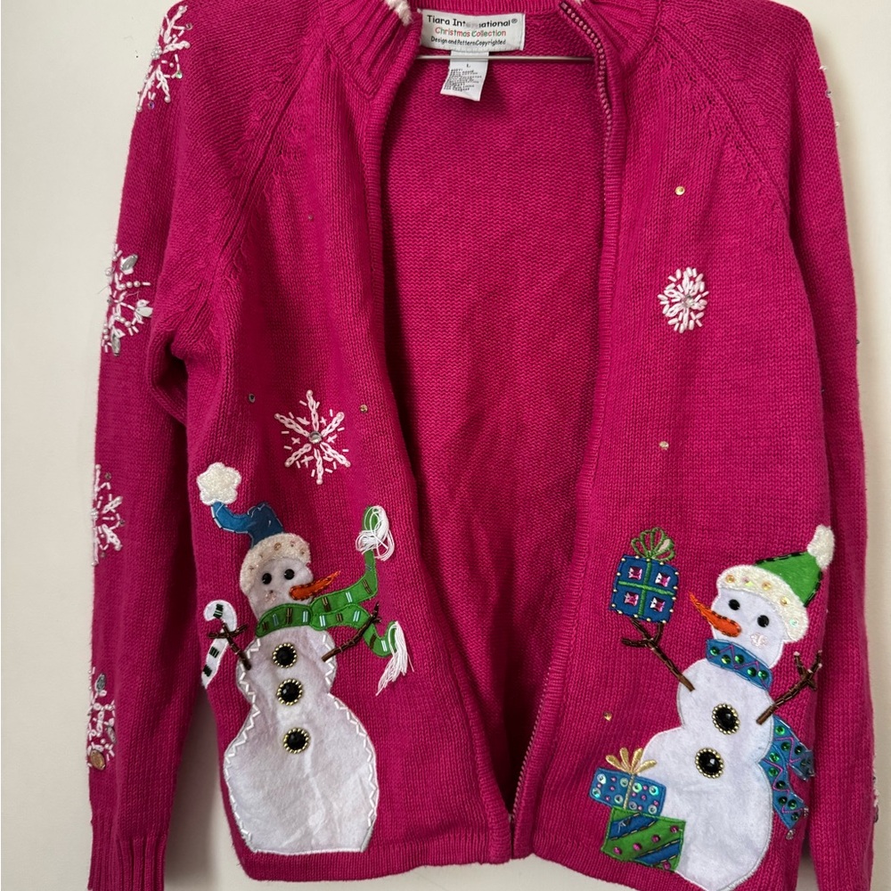 Tiara International Christmas Snowman Sweater Women’s L Pink Cute